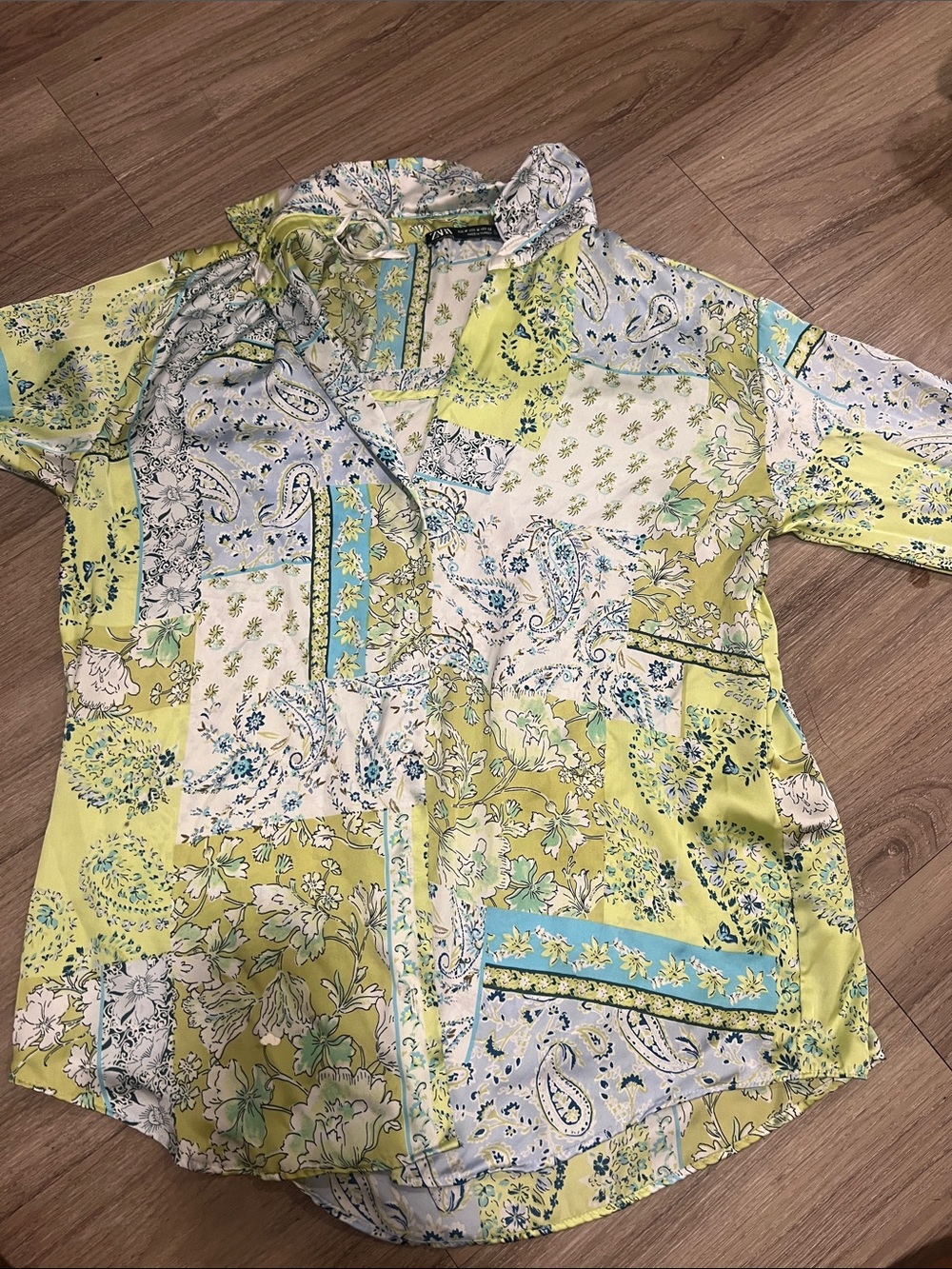 Zara Patchwork Paisley & Floral Button-Up Top - Yellow & Blue